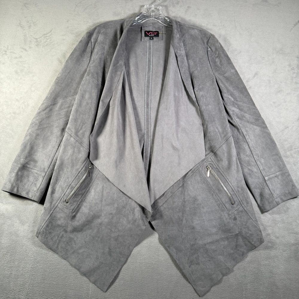VS2 by Vakko Womens Jacket L Gray Microsuede Open Front Draped  Zip‎ Pockets